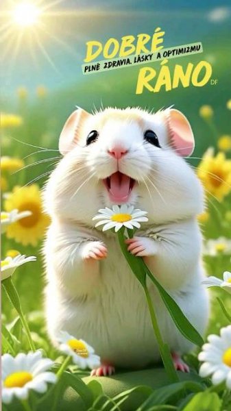 a white rat holding a flower in its mouth and smiling with the caption dobre rano
