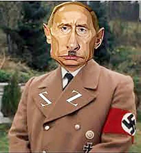 Illustration of Vladimir Putin caricatured as Adolf Hitler.