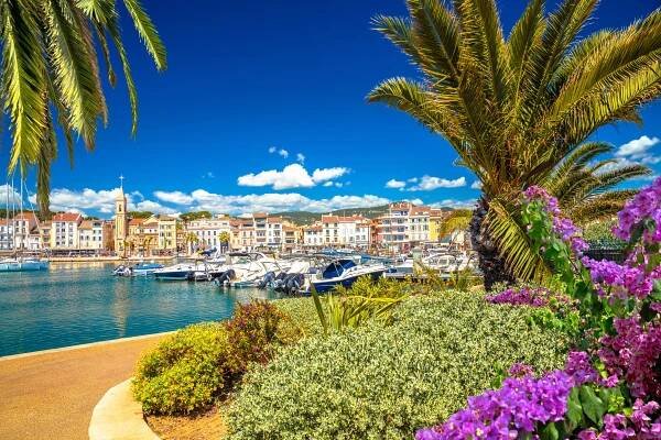 Scenic waterfront view of Sanary-sur-Mer, France.