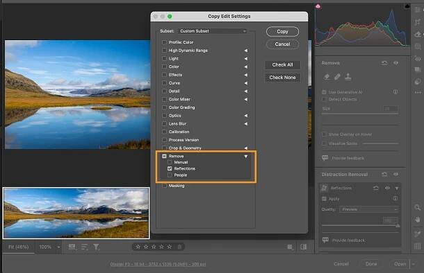 A scenery with water and mountains has reflections. copy edit settings menu is open with Reflections selected. 