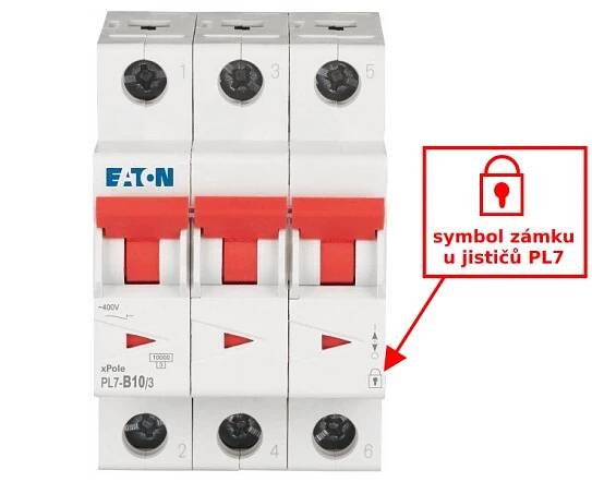 Symbol zámku u jističů Eaton PL7