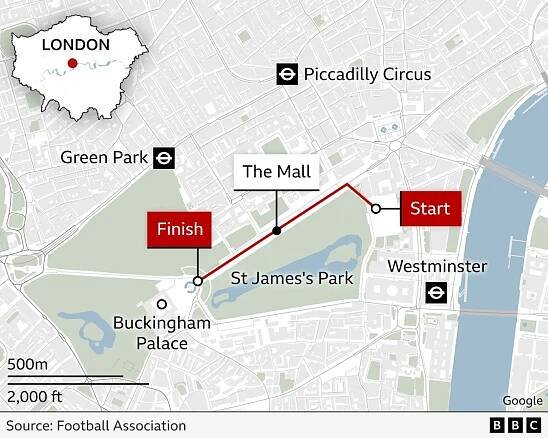 Map showing the route of the parade in central London along The Mall next to St James's Park to Buckingham Palace