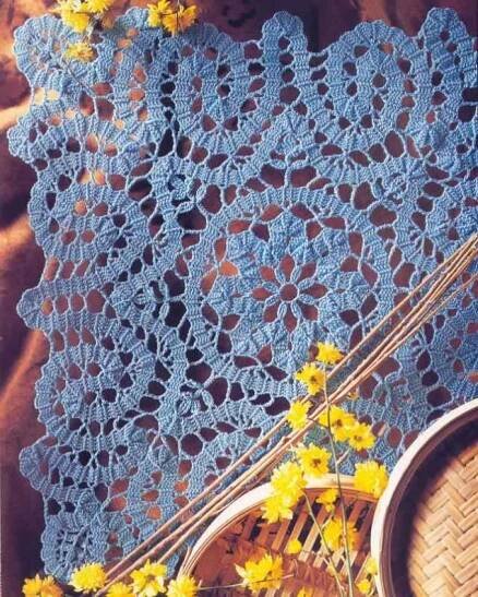 a blue crocheted doily with yellow flowers in the foreground and a basket on the ground