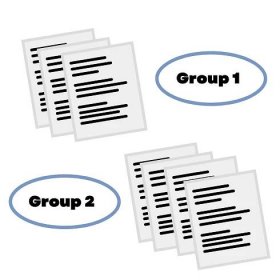 pile of documents on one side labeled "Group 1" and pile of documents on other side labeled "Group 2"