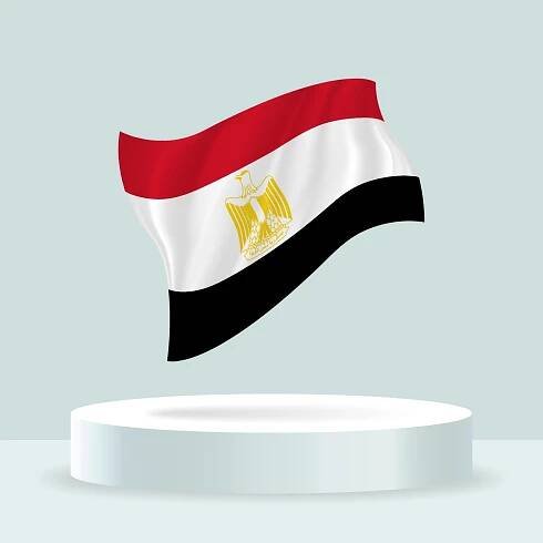 Egyptian flag. 3d rendering of the flag displayed on the stand. Waving ...