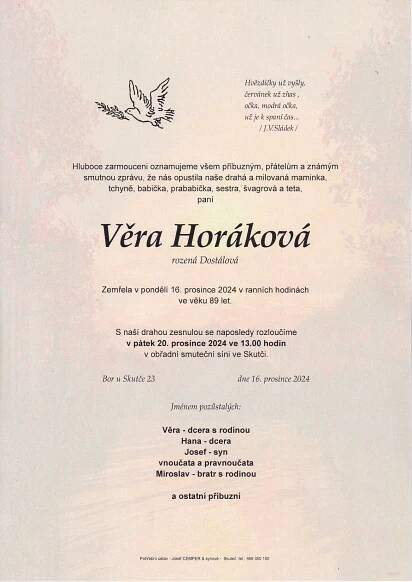 Věra Horáková – 16.12.2024 – Josef Cemper – pohřební ústav