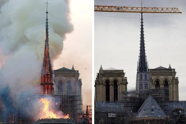 Pohled na věž v plamenech a pohled na novou věž katedrály Notre-Dame | foto: Benoit Tessier/Sarah Meyssonnier,  Reuters