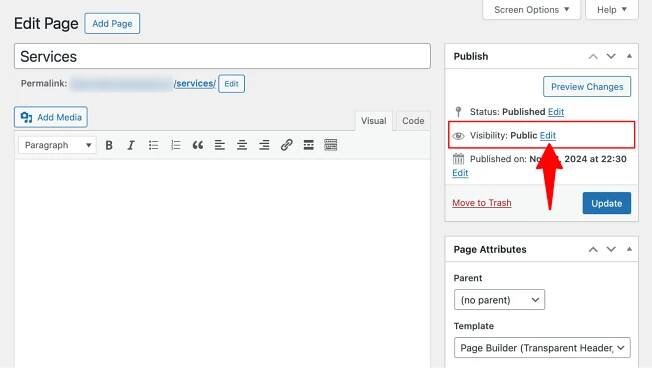 Edit Page > password protect in classic editor