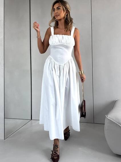 Bílé dlouhé řasené trendy šaty PELYT | Erika Fashion