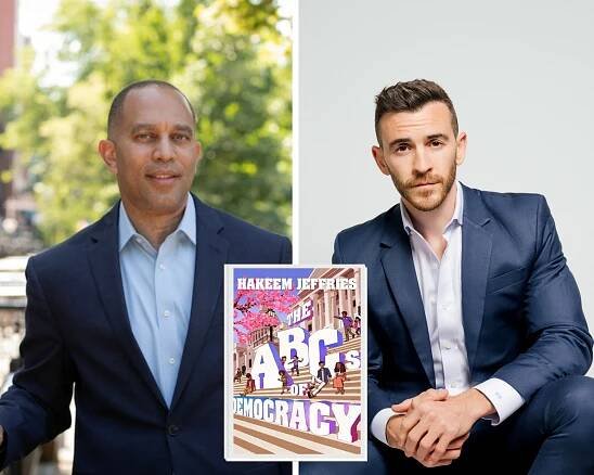 A photo collage with photos of Hakeem Jeffries and Brian Tyler Cohen with the cover of The ABCs of Democracy in the middle.