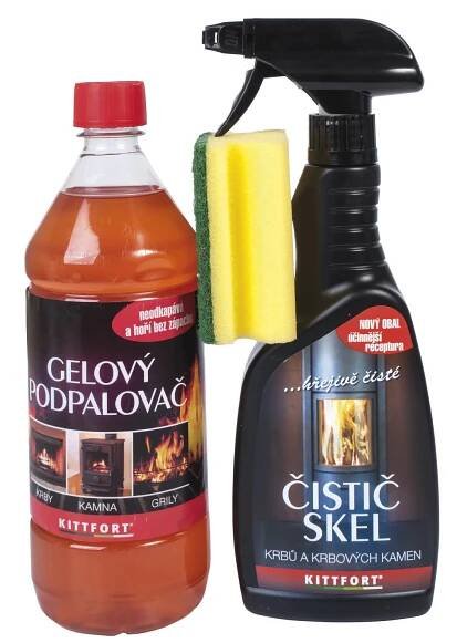 Kittfort Čistič skel krbů a kamen 500ml + Gelový podpalovač 1l + houbička zdarma