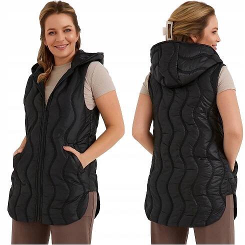 Dámská mikina bez rukávů s kapucí, dlouhá prošívaná vesta Plus Size, černá