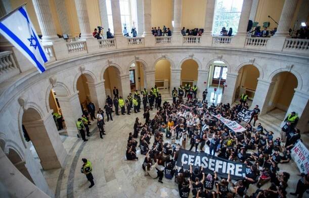 Washington, United States Of America. 18th Oct, 2023. Dozens of people hold a sit-in and are arrested by US Capitol Police, in the Cannon House Office Building, in Washington, DC, Wednesday, October, 18, 2023, to protest for a ceasefire in the Israel-Hama
