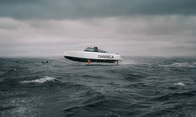 Candela C 8 electric hydrofoil boat in choppy water