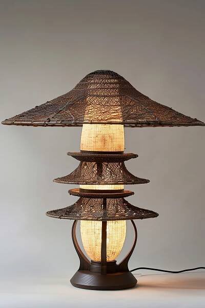 An intricately designed lamp with multiple tiers lit up, casting a warm glow, set against a neutral background.