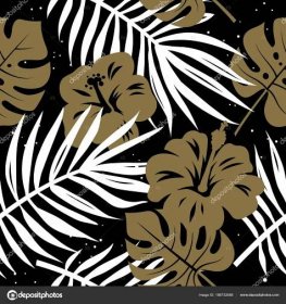 Stáhnout - Vzor bezešvé s tropické palmové listy a exotických květin. Ručně kreslenou vektorové pozadí. Moderní květinové tapety — Stock ilustrace zdarma