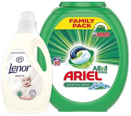 LENOR XXL Starter pack Ariel kapsle 80 ks + Lenor aviváž Sensitive 2,9 l