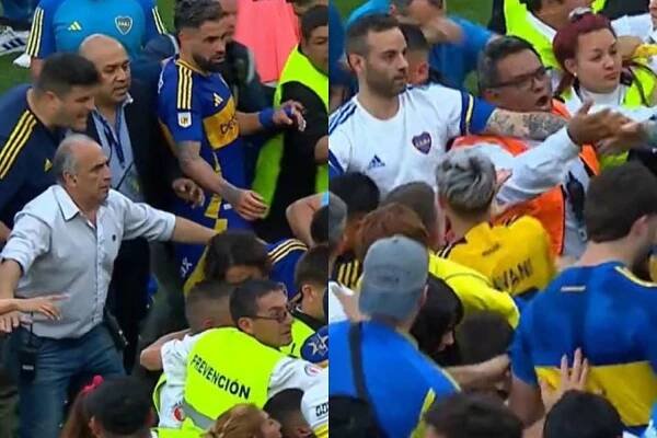 Pelea de la afición de Boca Juniors con los jugadores tras perder ante River Plate en el Superclásico.