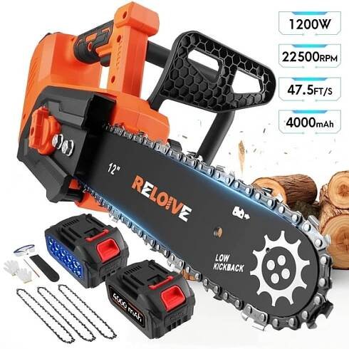 RELOIVE 12" Chainsaw, Cordless battery Chainsaw with 2x 4.0Ah Batteries , Electric Chainsaw with 1200W Brushless Motor, Automatic Lubrication, Power Chain Saw for Wood Cutting Tree Trimming
