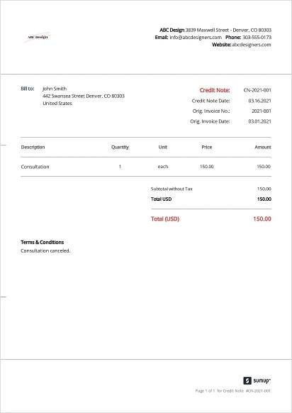 Sample credit memo created with SumUp Invoices