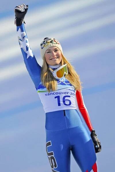 USA's gold medallist Lindsey Vonn stands