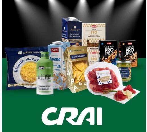 CRAI Italian food products: pasta, granola, risotto, almond milk, and Wagyu beef.