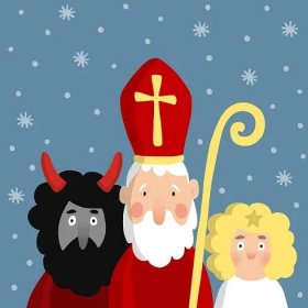 Roztomilý Svatý Mikuláš, čert, anděl a padajícím sněhem. Vánoční pozvánka, vektorové ilustrace. — Ilustrace