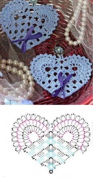 crocheted heart doily with pearls and ribbon in the shape of two hearts