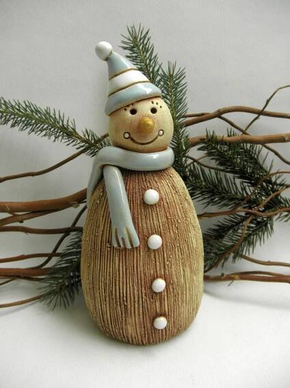 a ceramic snowman sitting on top of a tree branch