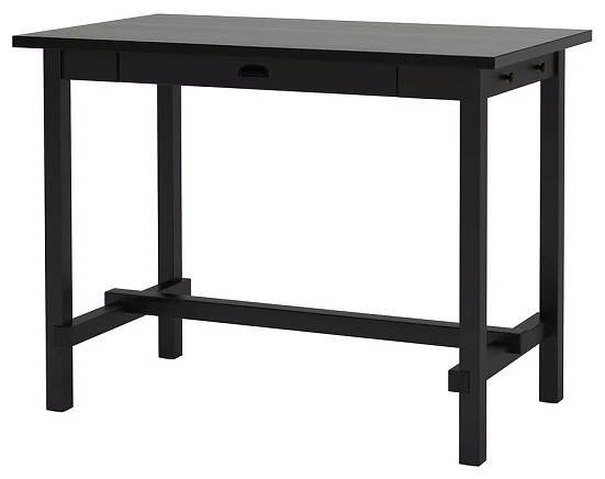 Černý barový stůl NORDVIKEN, elegantní design, jednoduchá zásuvka, robustní nohy, obdélníková deska.