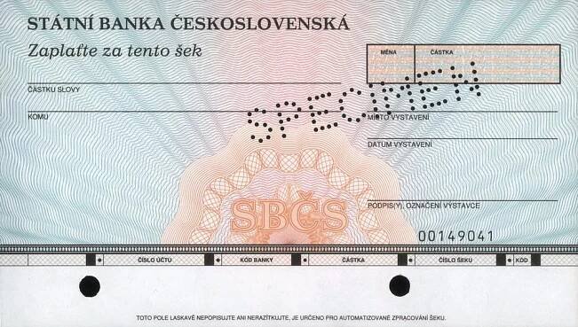 Soukromý šek Státní banka československá SBČS, specimen šeku - anulát, po roce 1989
