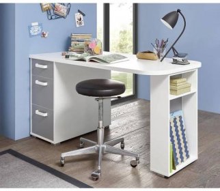 Kancelářský / studentský psací stůl bílý / šedý se šuplíky a malý regálem