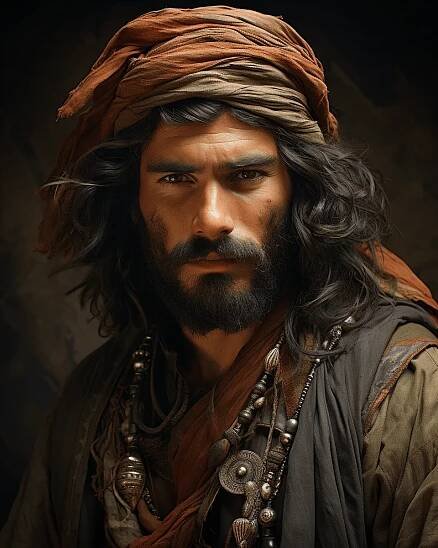 Man in his late 30s, Ottoman art style, olive-skinned, dark and wavy hair, deep brown eyes, mustache and short beard, well-tailored earth-toned clothing, traditional Ottoman or Turkish garments like a fez, baggy trousers, and a tunic, intricate Ottoman patterns, wisdom and curiosity