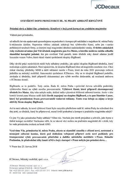 Otevřený dopis společnosti JCDecaux primátorce hl. m. Prahy Adrianě Krnáčové, zdroj: JCDecaux
