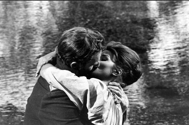 Senta Berger and Charlton Heston during the filming of 'Major Dundee,' directed by Sam Peckinpah, Mexico, April 1964.