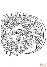 Vintage slunce a měsíc omalovánka | Omalovánky k Vytisknutí Zdarma