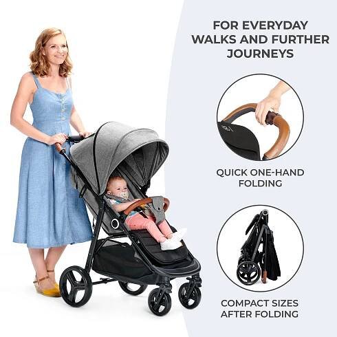 Woman using Kinderkraft Stroller GRANDE PLUS, easy fold for travel.