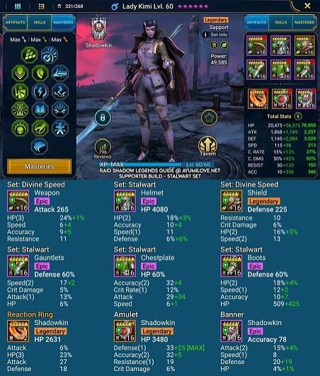 Raid Shadow Legends Lady Kimi Artifact and Stats Reference Guide as a Defensive Supporter Build in Stalwart Set