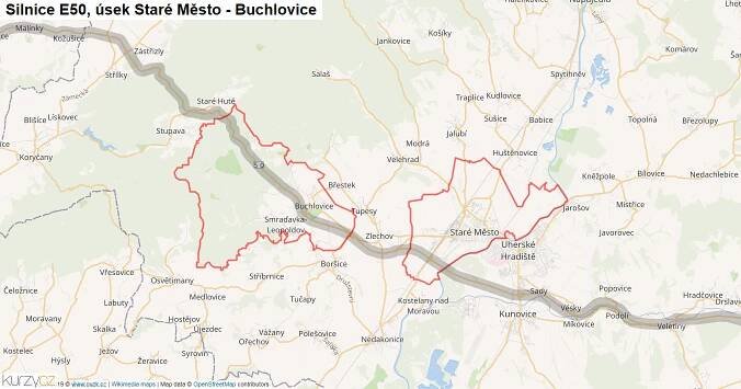 Úsek Staré Město - Buchlovice, Silnice E50 - Mapa | Kurzy.cz