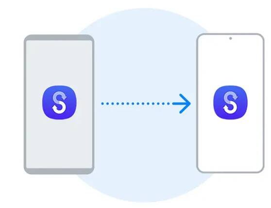 Na obrázku jsou dva smartphony. Na obou se zobrazuje ikona aplikace Smart Switch. Probíhá přenos údajů z levého telefonu do pravého.