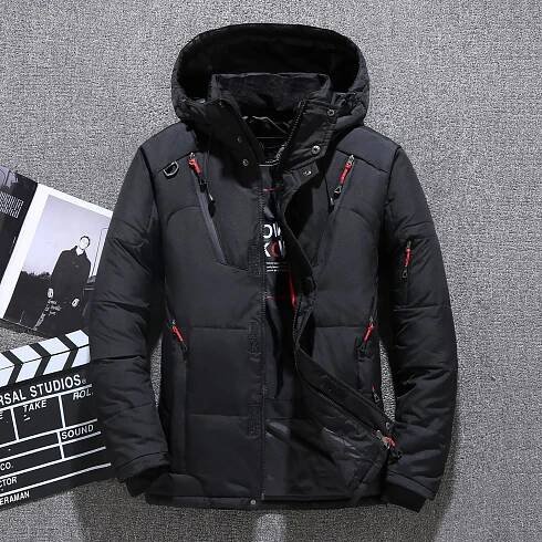 Pánský zimní kabát Zimní péřová bunda s kapucí a prošíváním Barva: Černá, Velikost: 3XL