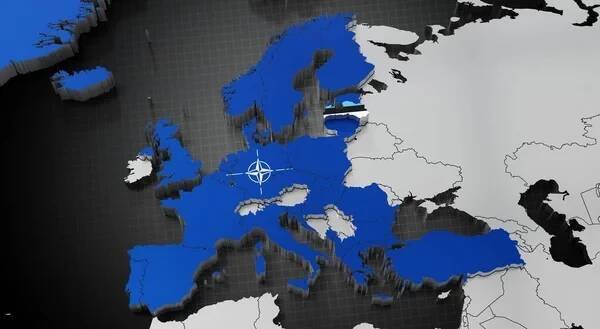 Estonsko v NATO - mapa a vlajky - 3D ilustrace — Stock obrázek