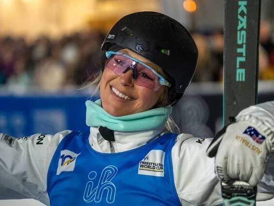 Danielle Scott react after winning silver at the World Cup aerial skiing event in Deer Valley.