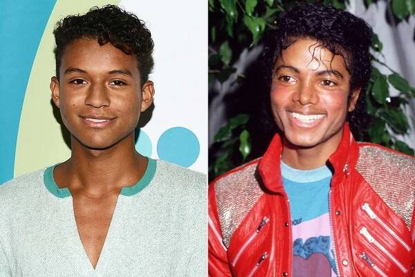 Jaafar Jackson poses backstage at the Reelz Channel 'Living With The Jacksons' panel at the 2014 Summer Television Critics Association at The Beverly Hilton Hotel on July 12, 2014 in Beverly Hills, California; 1983: Portrait of American pop star Michael Jackson wearing a red leather jacket at the opening of the stage musical, 'Dream Girls,' Los Angeles, California