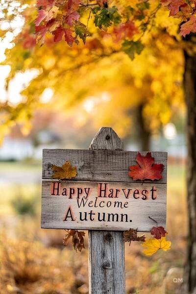 Wooden sign with the text "Happy Harvest Welcome Autumn" surrounded by colorful fall leaves, with a blurred background of autumn trees.