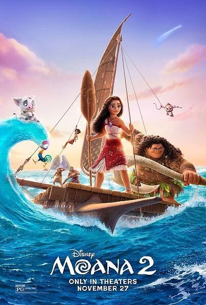 Official movie poster for Disney's Moana 2 showing characters sailing on a boat through ocean waves under pink sunset skies.