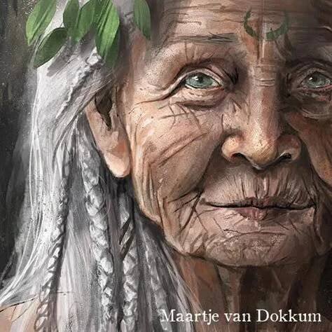 an old woman with white hair and green leaves on her head