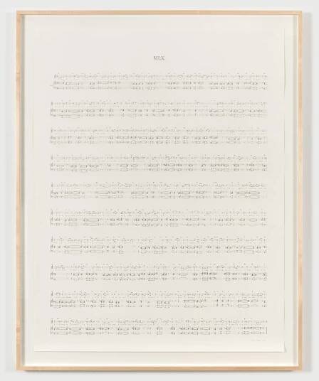 Charles Gaines Manifestos 3, (detail), 2018 video (black and white and color, sound), two graphite drawings on paper, one monitor, one pedestal, two speakers, hanging speaker shelves overall dimensions variable