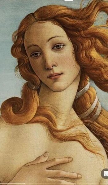 a painting of a woman with long blonde hair and blue sky in the back ground