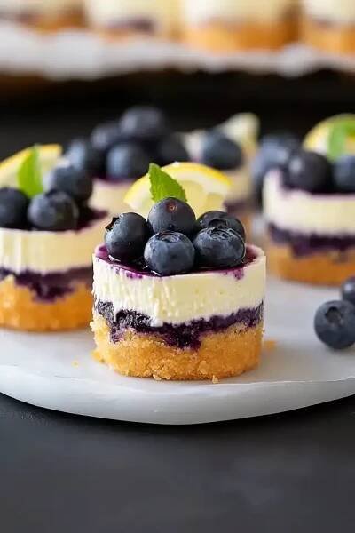 mini cheesecakes with blueberries and lemon on a plate